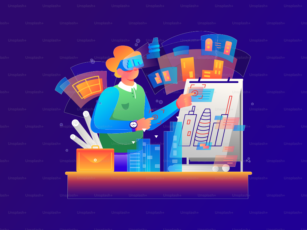 Architektur mit Virtual Reality, VR. Vektorillustration.