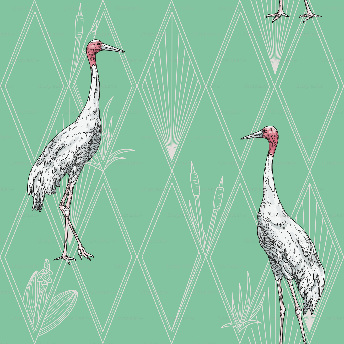 A new take on a classic and elegant art deco motif, featuring Sarus Cranes placed on a criss-crossing diamond pattern made from reeds and leaves.