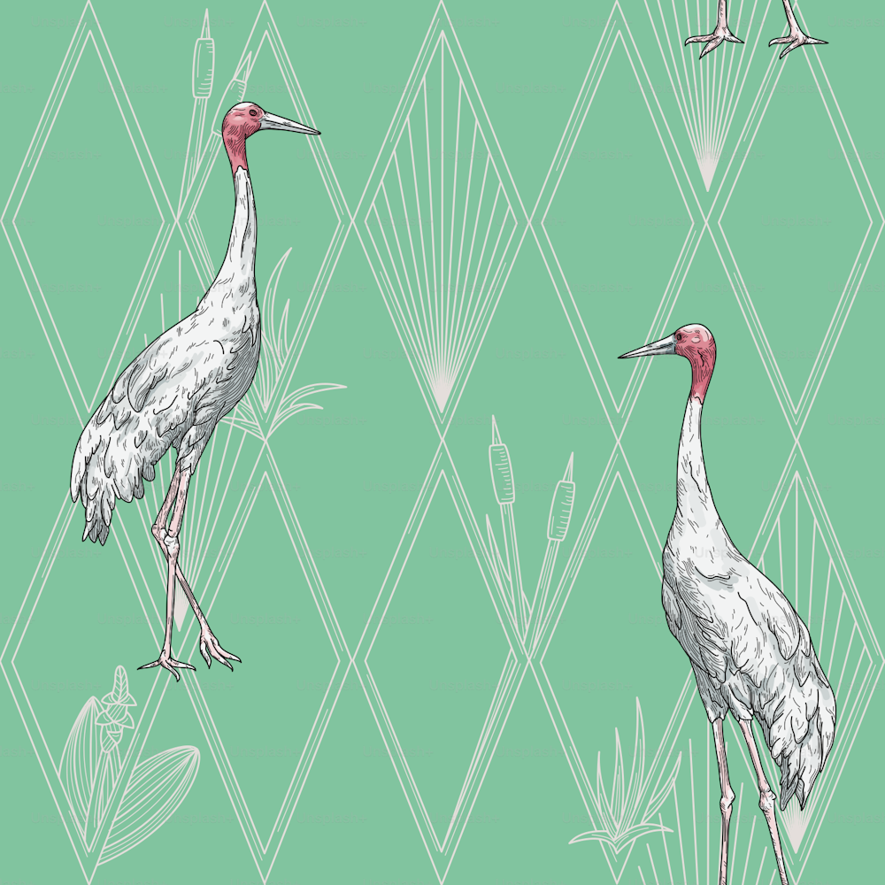 A new take on a classic and elegant art deco motif, featuring Sarus Cranes placed on a criss-crossing diamond pattern made from reeds and leaves.