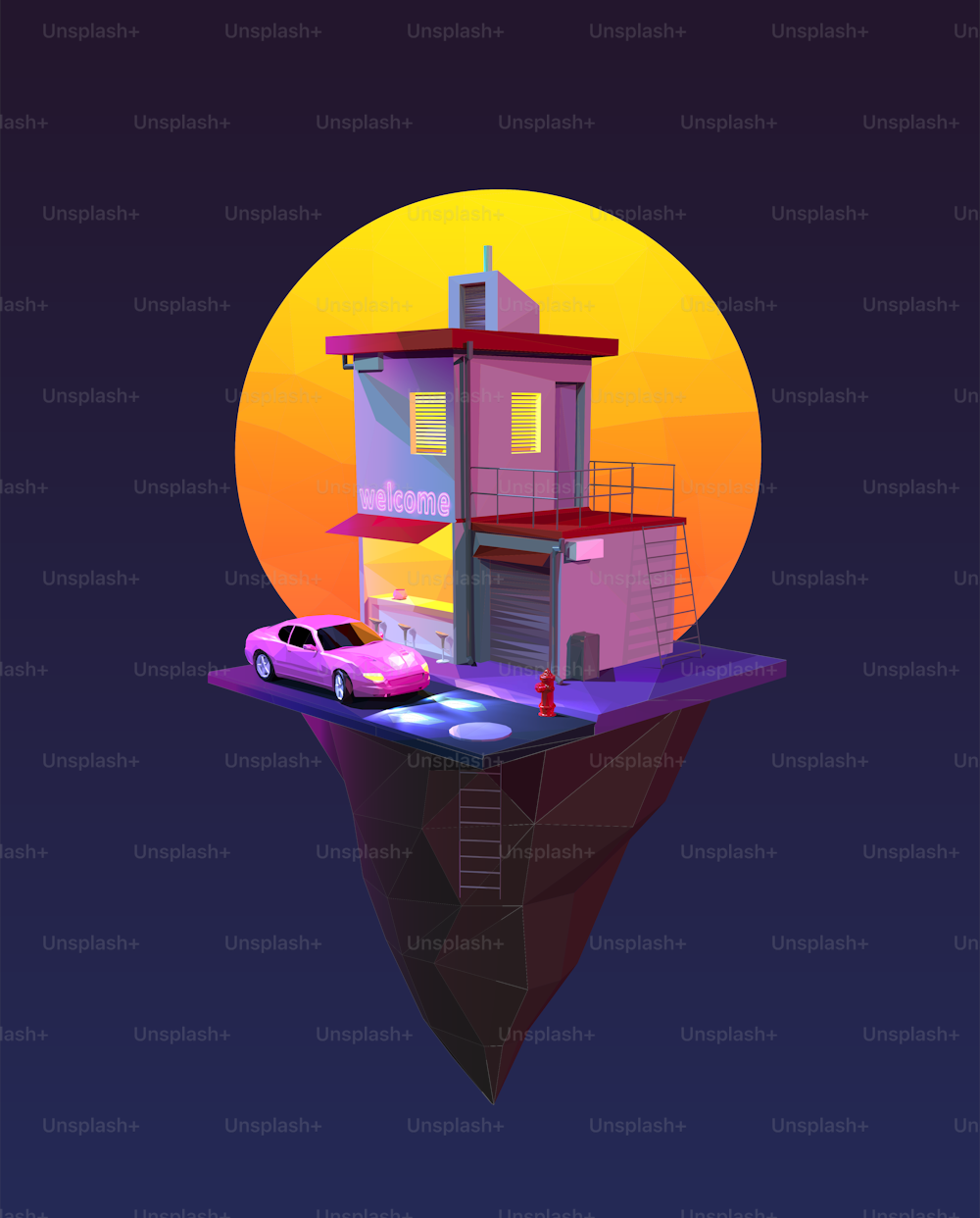 Flying island with a street, a diner with a parked pink car. Sunset on the background.