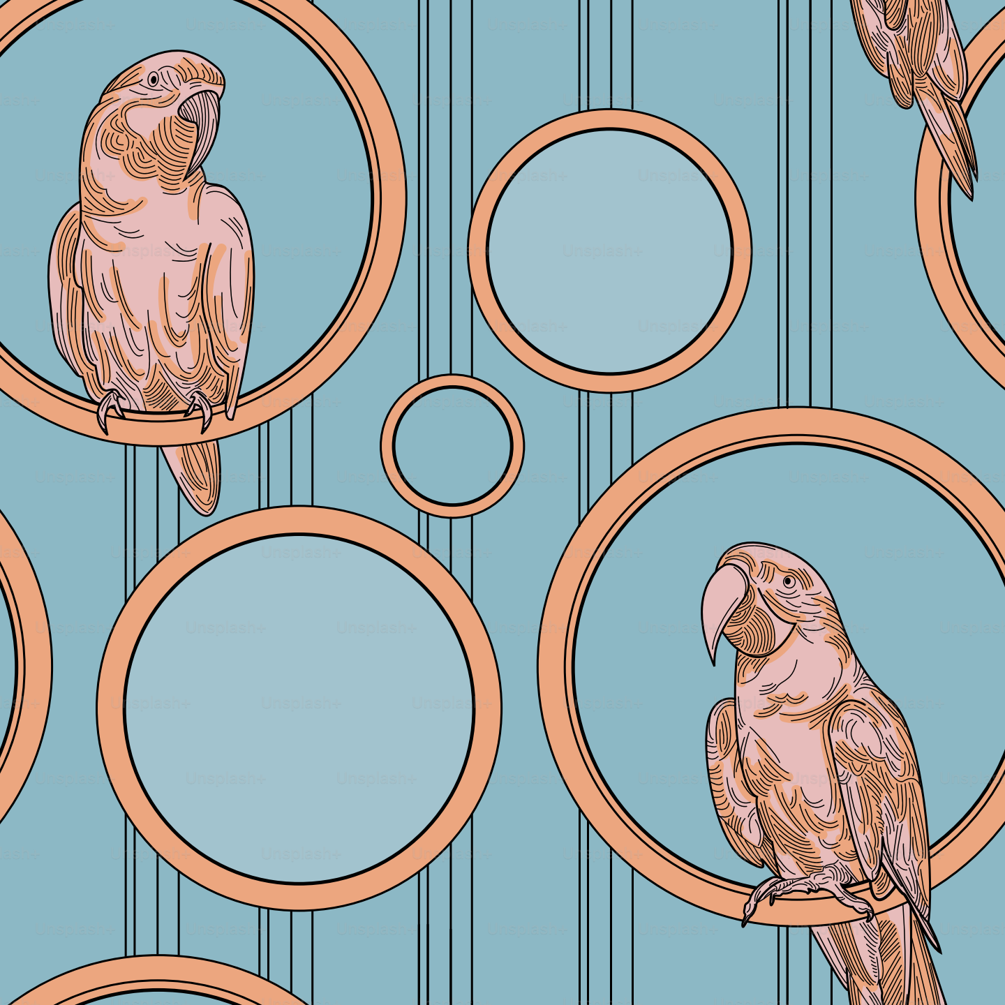 Una nuova versione frizzante di un classico motivo art déco, con pappagalli seduti su cerchi o anelli in un motivo senza cucite. I colori sono globali, facili da modificare e modificare.
