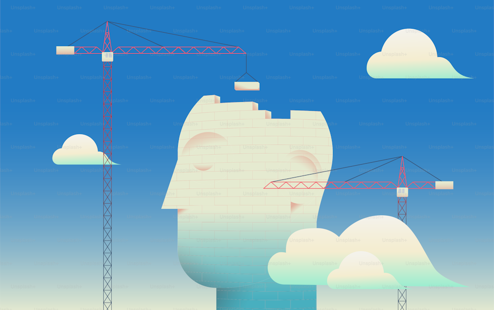 Human head made of bricks. Two cranes building giant statue of a man. Mental health, psychotherapy concept. Vector illustration.