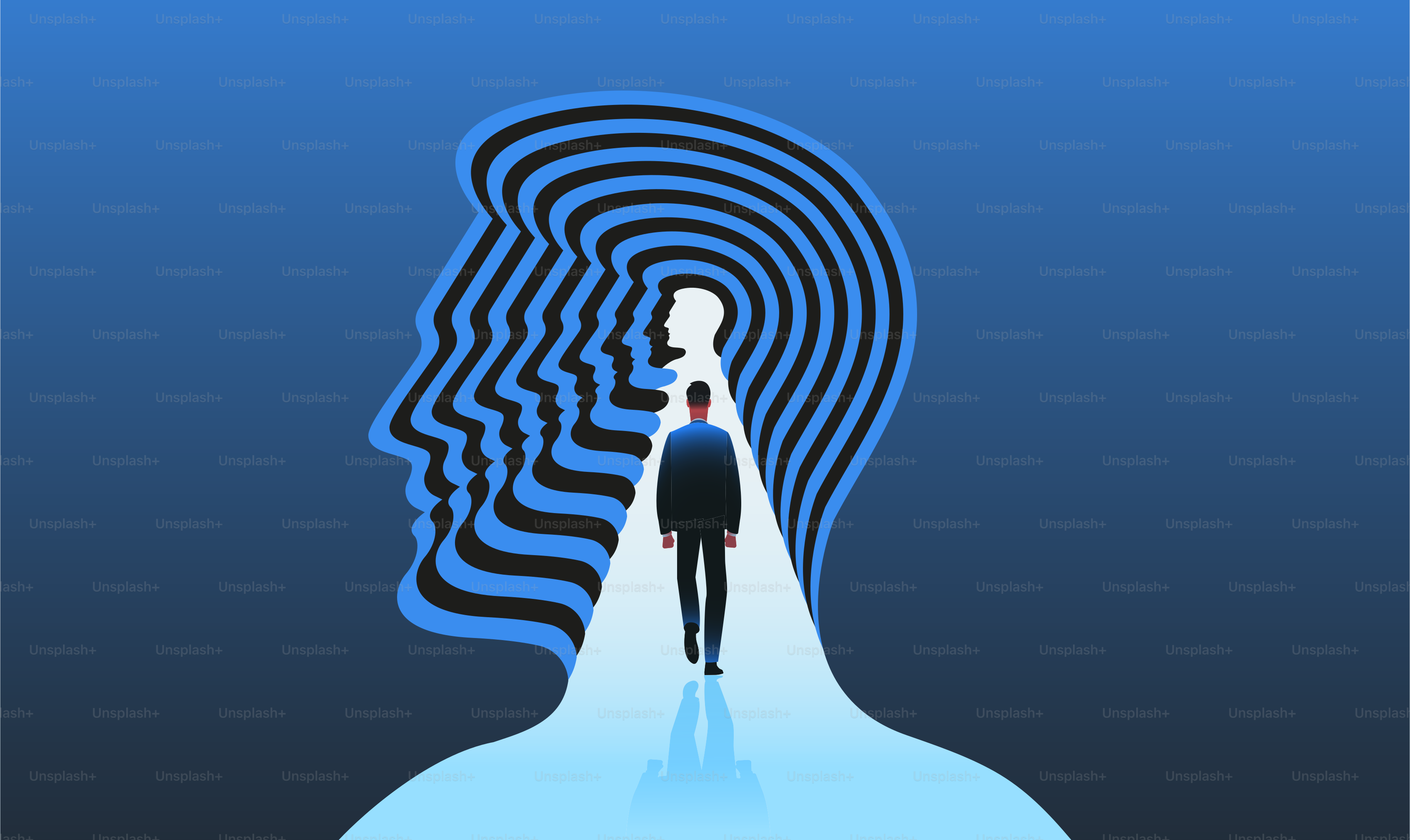 Man in suit walking through a tunnel in the shape of human head. Mental health, psychotherapy,  meditation concept. Vector illustration.