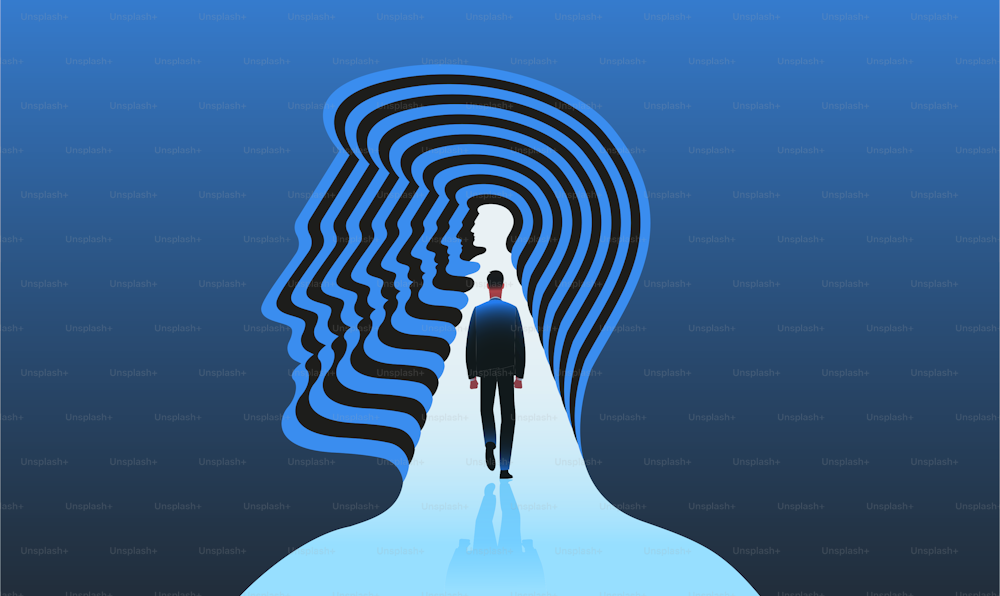 Man in suit walking through a tunnel in the shape of human head. Mental health, psychotherapy,  meditation concept. Vector illustration.
