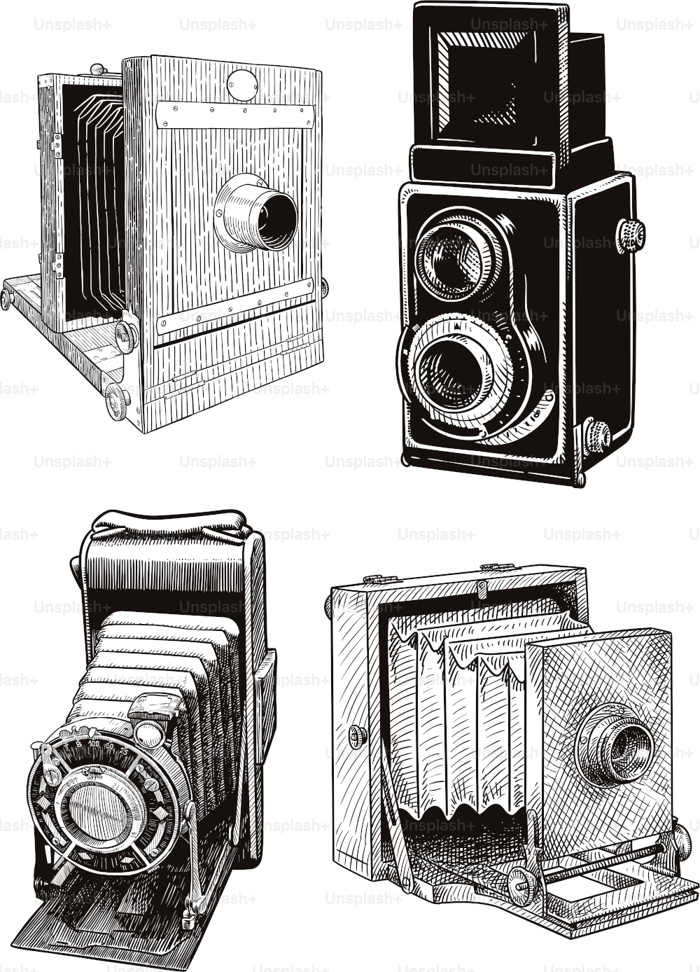 4台のビンテージカメラのオールドスタイルのイラスト