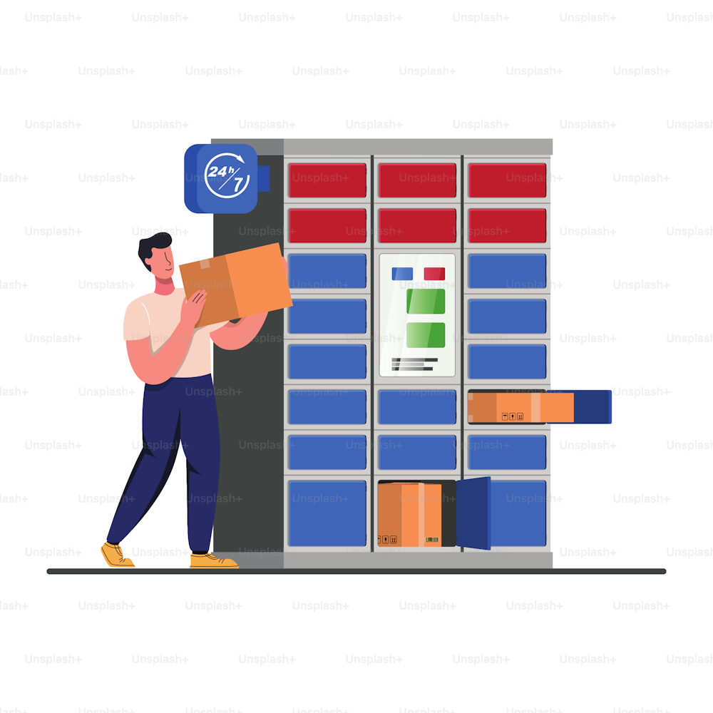 parcel locker. Postman and locker with digital panel for password. The chain of autonomous postal points for self-receipt and sending of postal parcels. Postal delivery.Side profile.