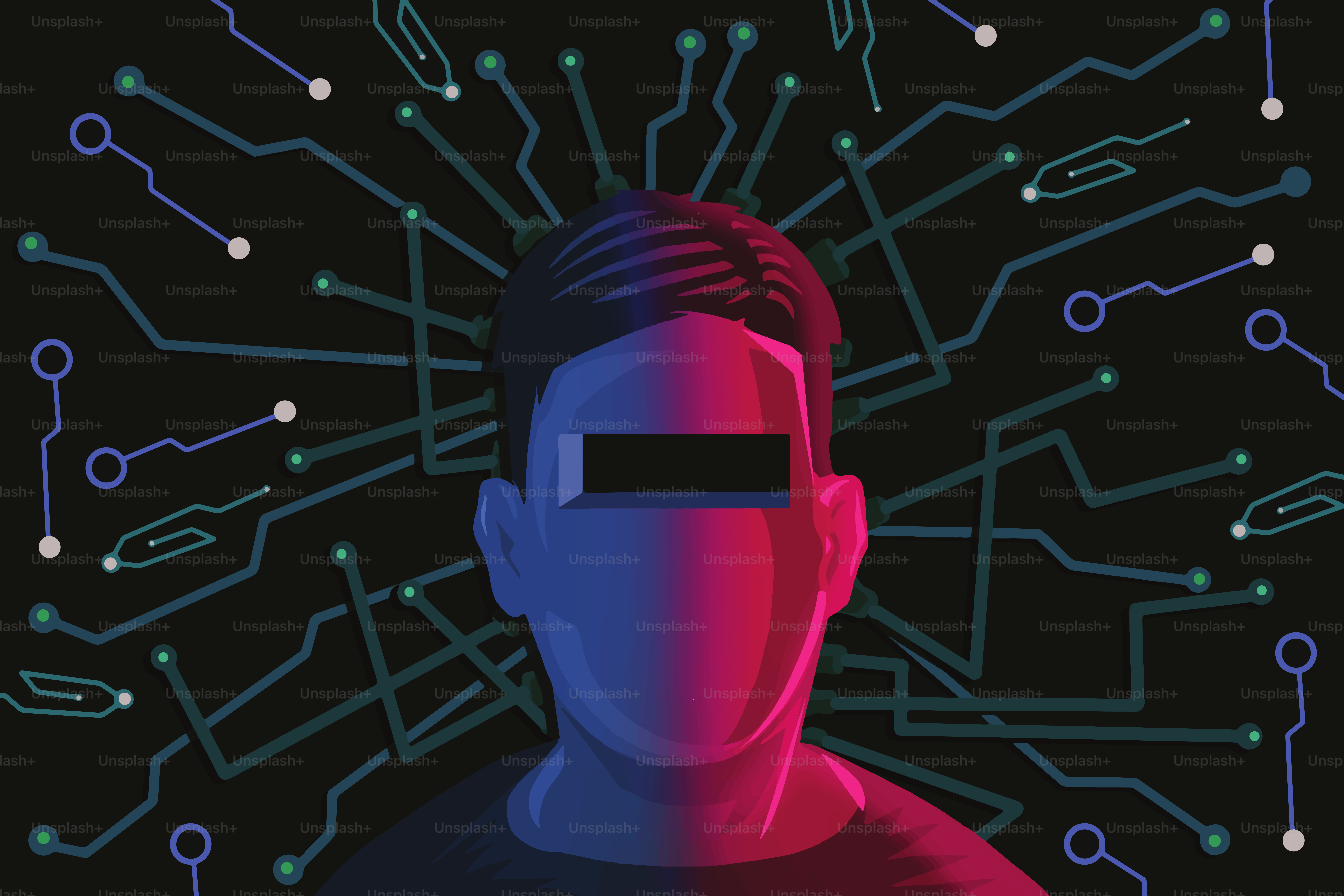 Ilustração digital de um circuito de alta tecnologia que está saindo de uma cabeça robótica com um conceito de tecnologia do futuro