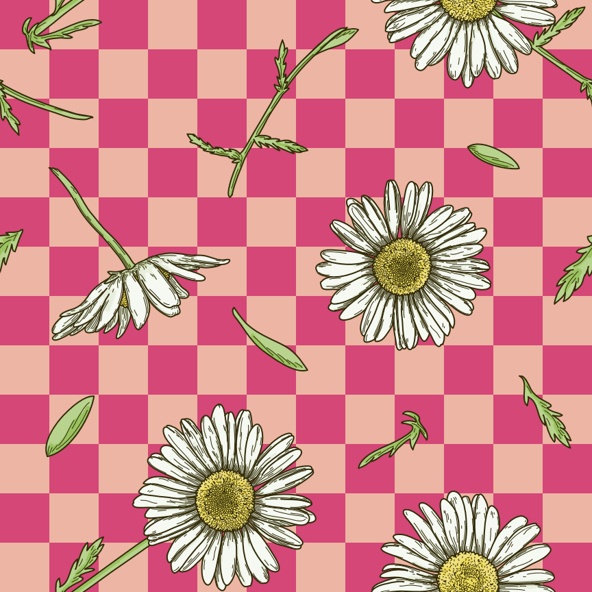 바둑판 배경에 데이지, 줄기, 잎이 있는 귀엽고 재미있는 이음매 없는 봄 패턴입니다.