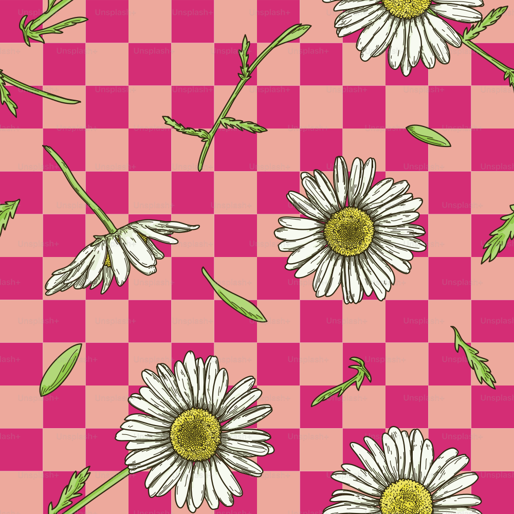 A cute and fun seamless spring pattern featuring daisies, stems and leaves on a checkerboard background.