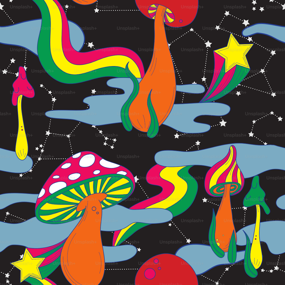 70s Retro Style Cosmic Trippy Mushroom Seamless Pattern and background with clouds, stars, rainbows and a melting aesthetic. Global colours, easy to change.