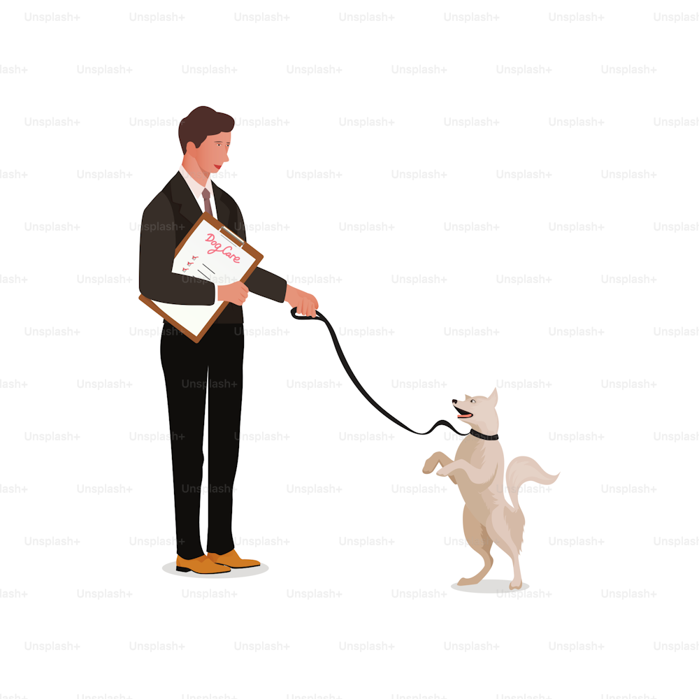 プロのペットウォーカーと愛犬。ペットの救助と保護のコンセプト。キャラクターは動物の世話をし、
