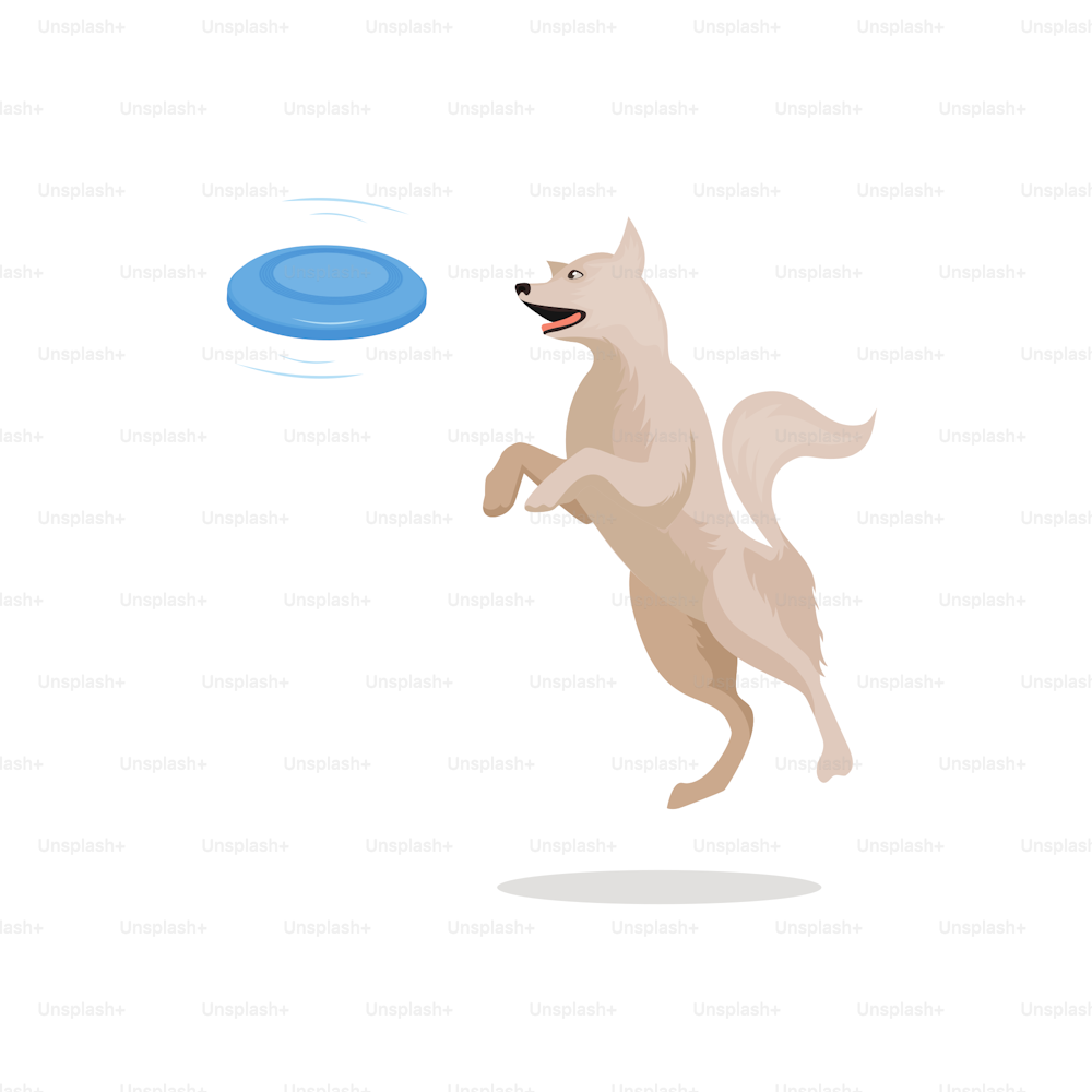 Il cane che salta sta catturando un disco frisbee blu, illustrazione vettoriale