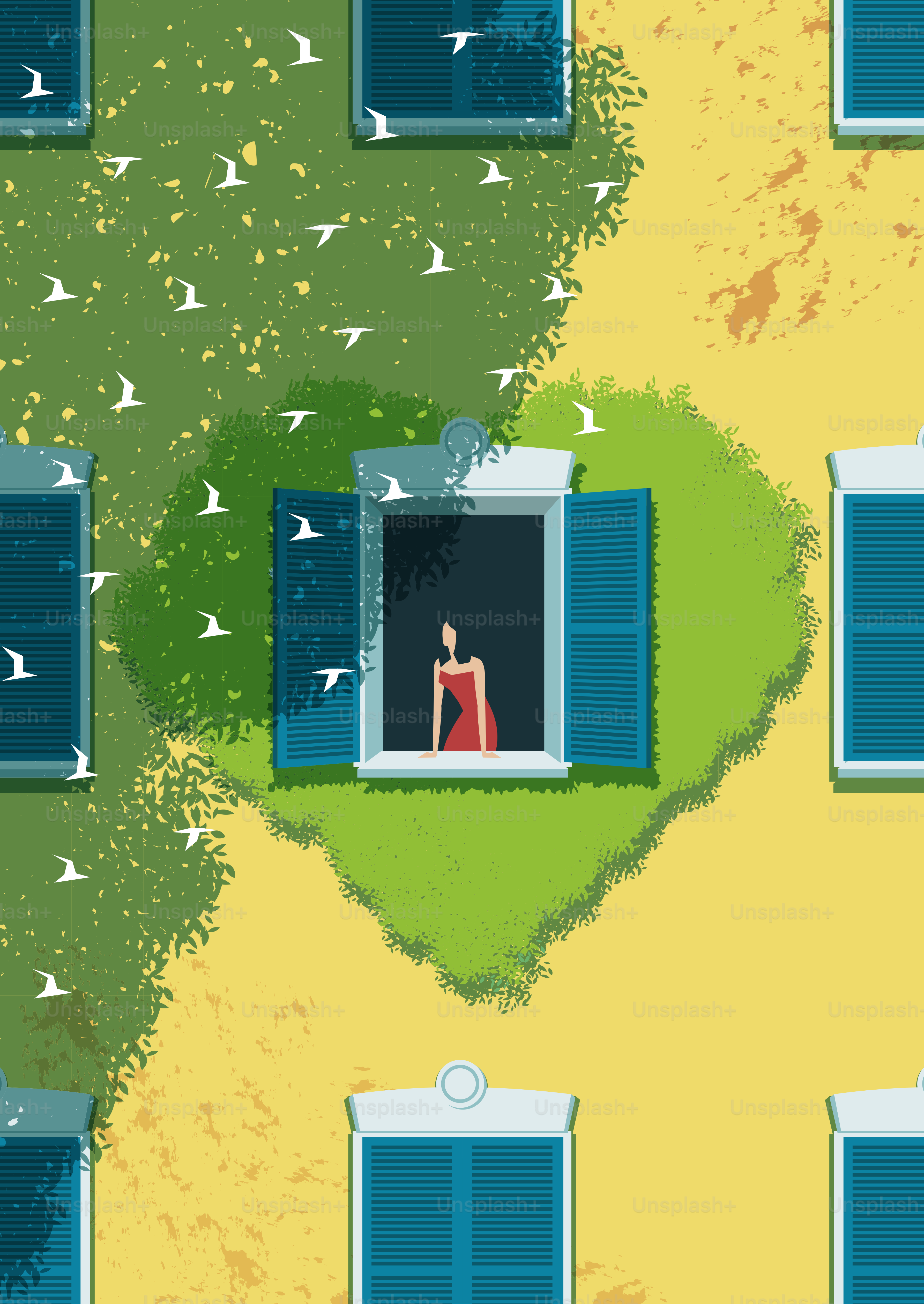 Woman looking from a window covered by plants in the shape of heart. Spring is coming. Love, romance concept. Vector illustration.