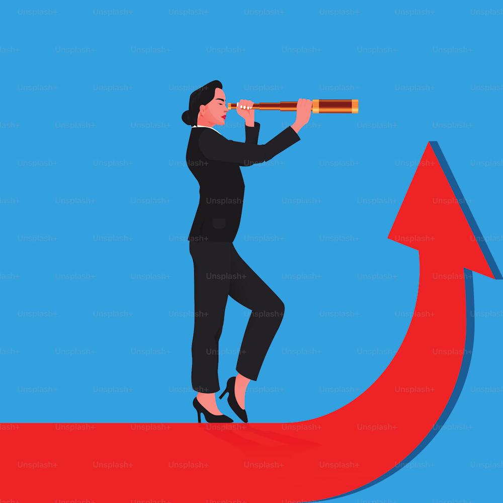 Business vision concept. young manager with telescope  on growing steps arrow with business statistics chart showing various visualization graphs on background