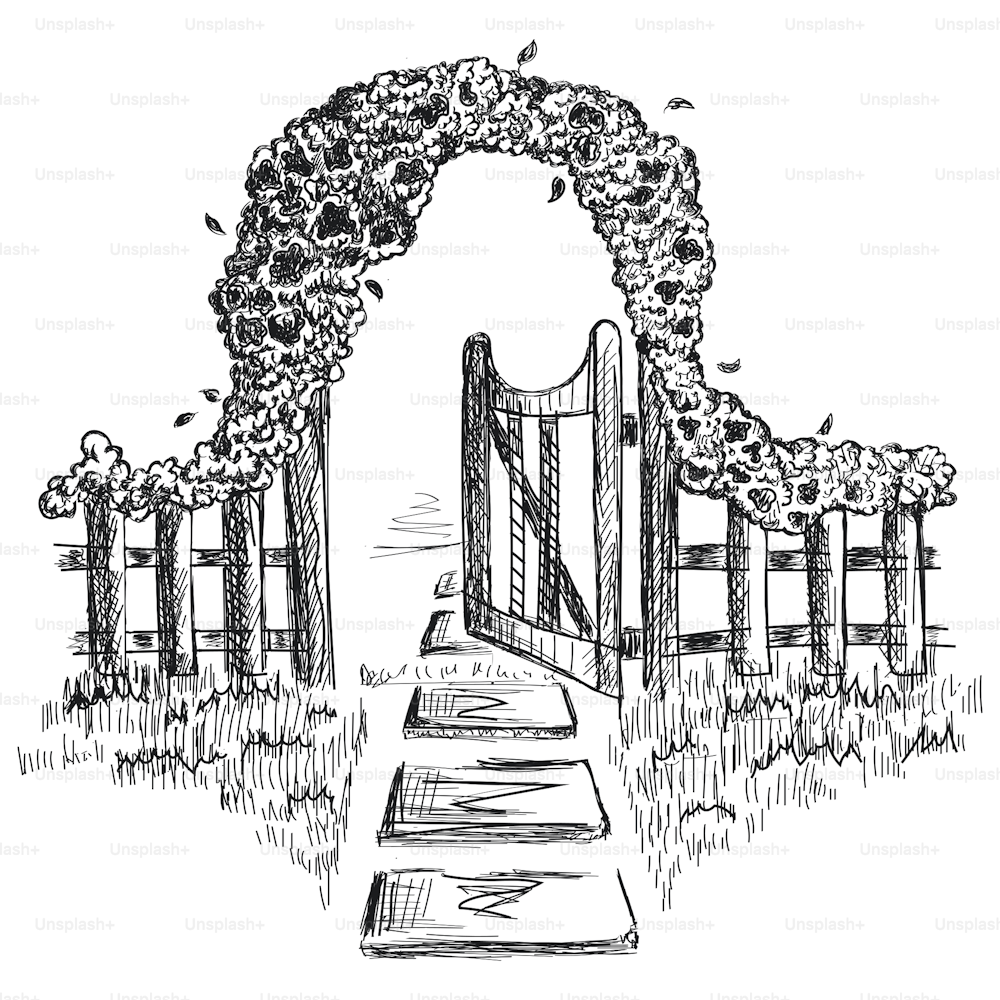 Boceto dibujado a mano de la entrada del jardín. Concepto de jardines abiertos. Estilo de grabado. Aislado en blanco. Jardín tradicional inglés. Arco de flores y puerta de madera.