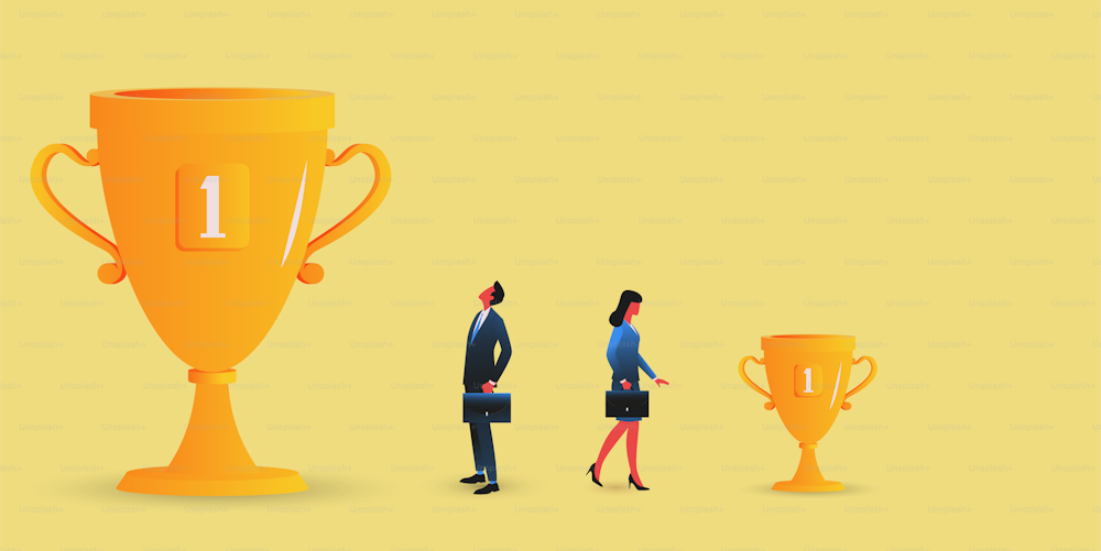 Male manager getting big cup and female getting a small one. Gender career problems concept. Vector illustration.