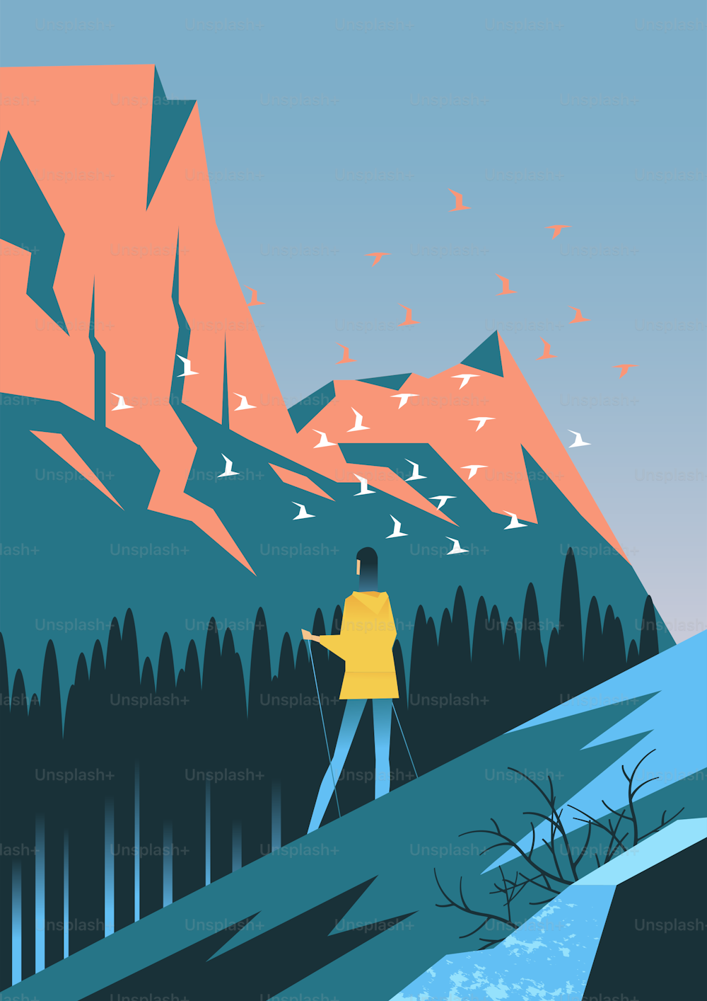 Mujer caminando en las montañas y mirando pájaros voladores. Se acerca la primavera. Paisaje majestuoso para cartel o postal. Ilustración vectorial.