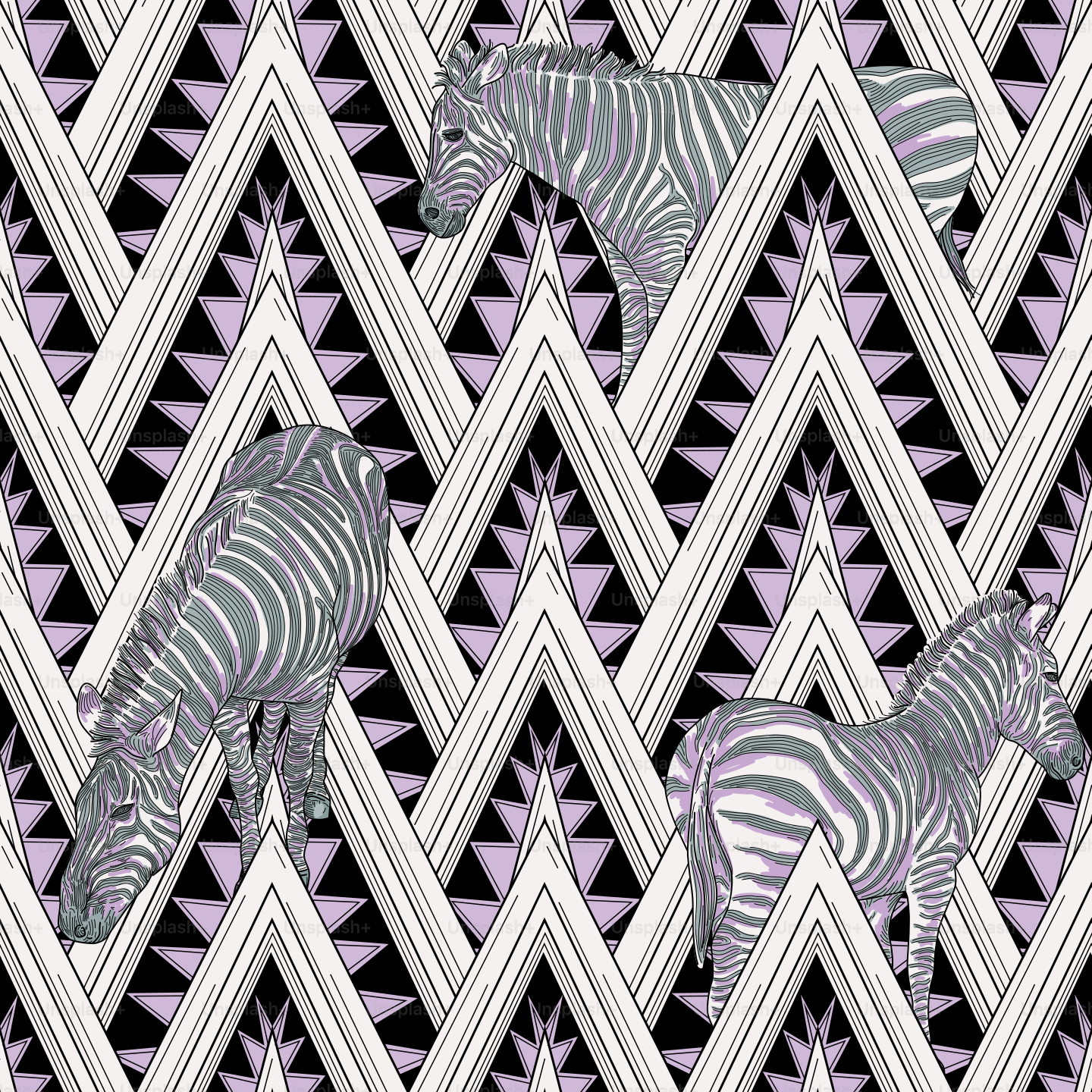 Las cebras rayadas ofrecen un contraste orgánico a las nítidas formas triangulares y geométricas art déco que aparecen en el fondo. Patrón sin costuras, colores globales, fácil de cambiar.