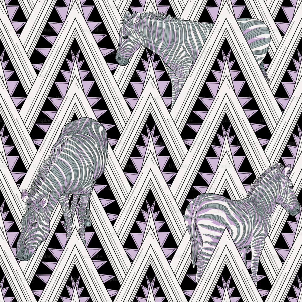 Le zebre a strisce creano un contrasto organico con le forme geometriche triangolari e taglienti art déco sullo sfondo. Modello senza cuciture, colori globali, facile da cambiare.