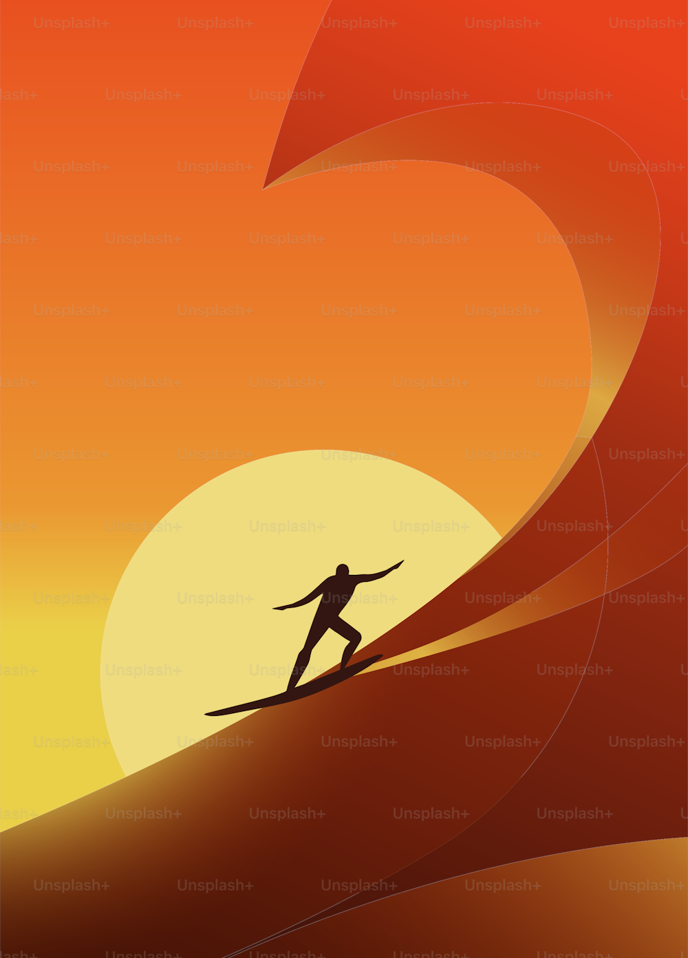 Silhouette of a surfer on a large wave with a setting sun on background. Vector illustration.