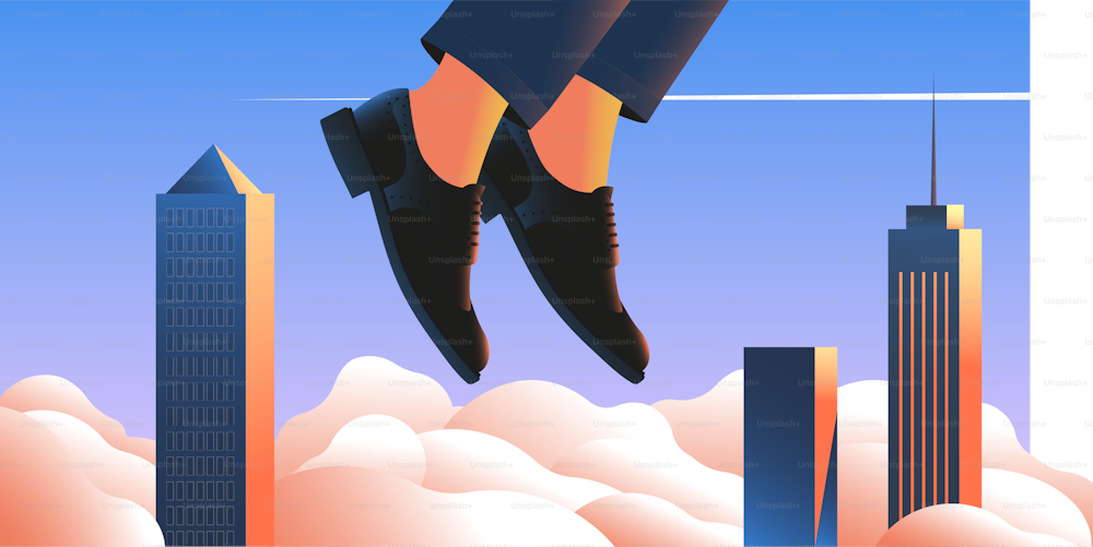 Hombre con zapatos formales volando sobre la gran ciudad. Objetivo, motivación, startup, concepto de ensueño. Ilustración vectorial.