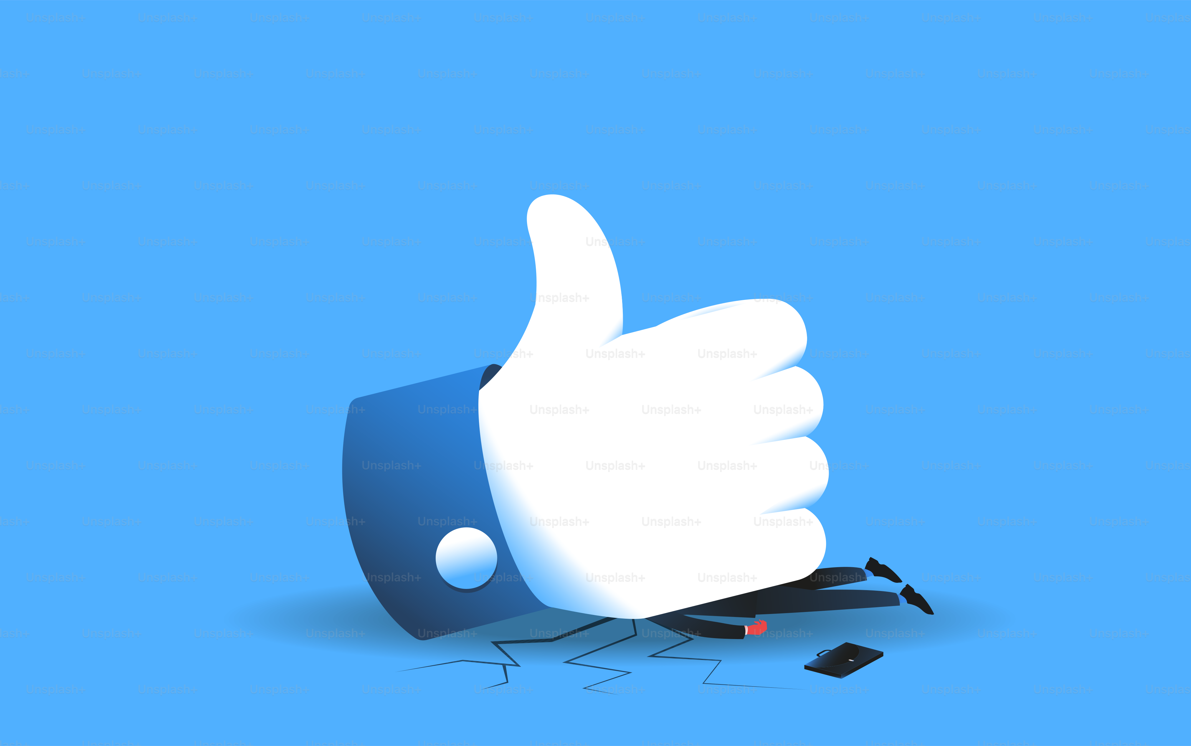 Giant like symbol smashing a man. Social network addiction, low self-esteem, fake news concept. Vector illustration.