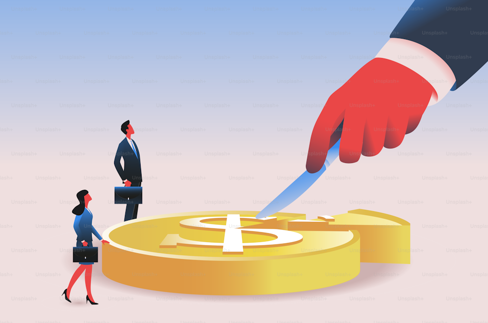 Hand holding knife cutting dollar in the shape of cake. Recession, reduction in income, investment loss concept. Vector illustration.
