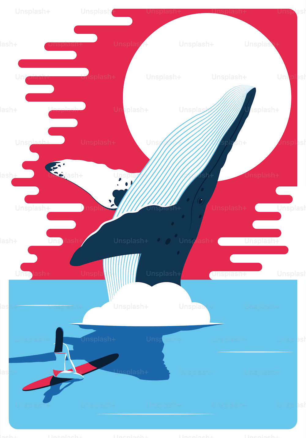 Whale jumping from a water and a surfer. Image for a poster or postcard. Flat vector illustration.