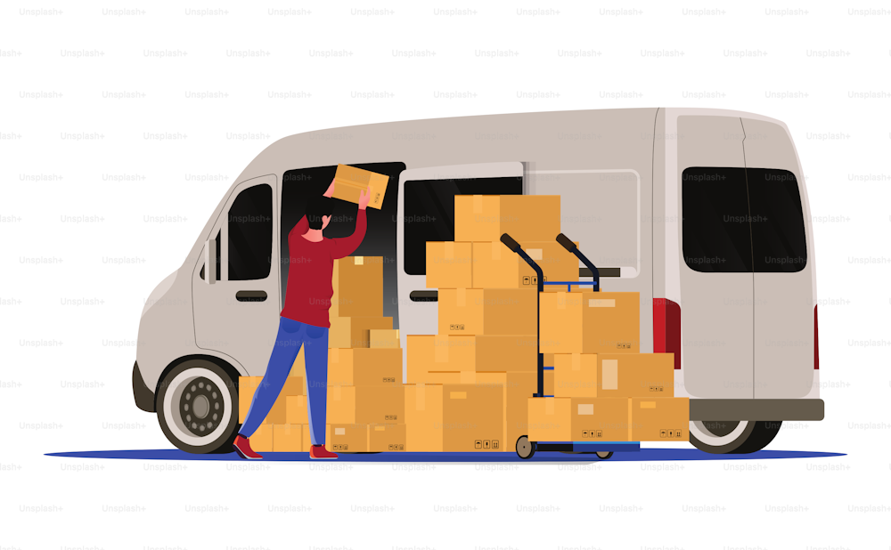 heap of cardboard boxes in the warehouse with a cart in white background,Vector illustration of packaging goods for selling.