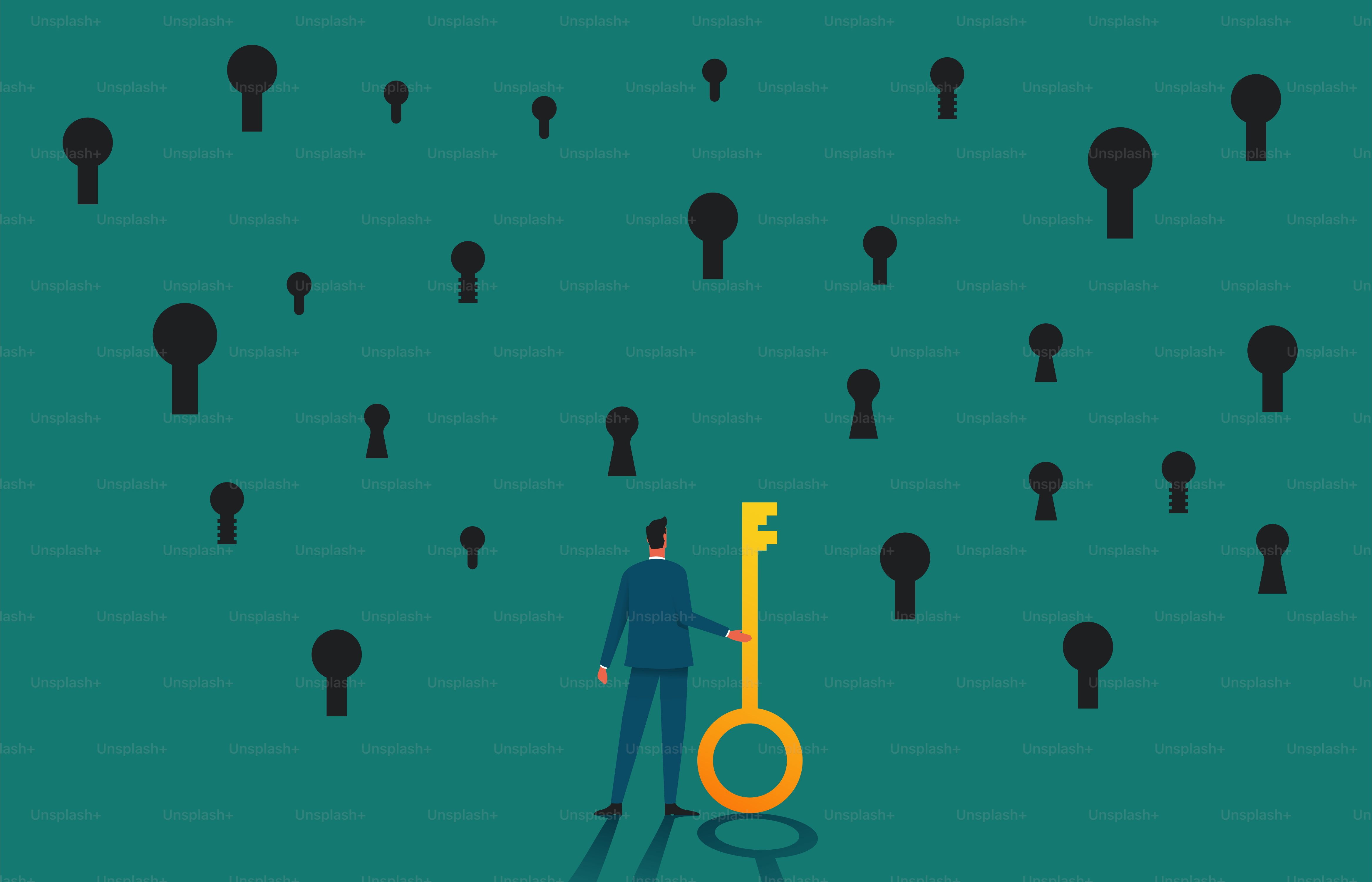 Businessman with a key choosing a right keyhole. Decision and opportunity concept. Flat vector illustration.