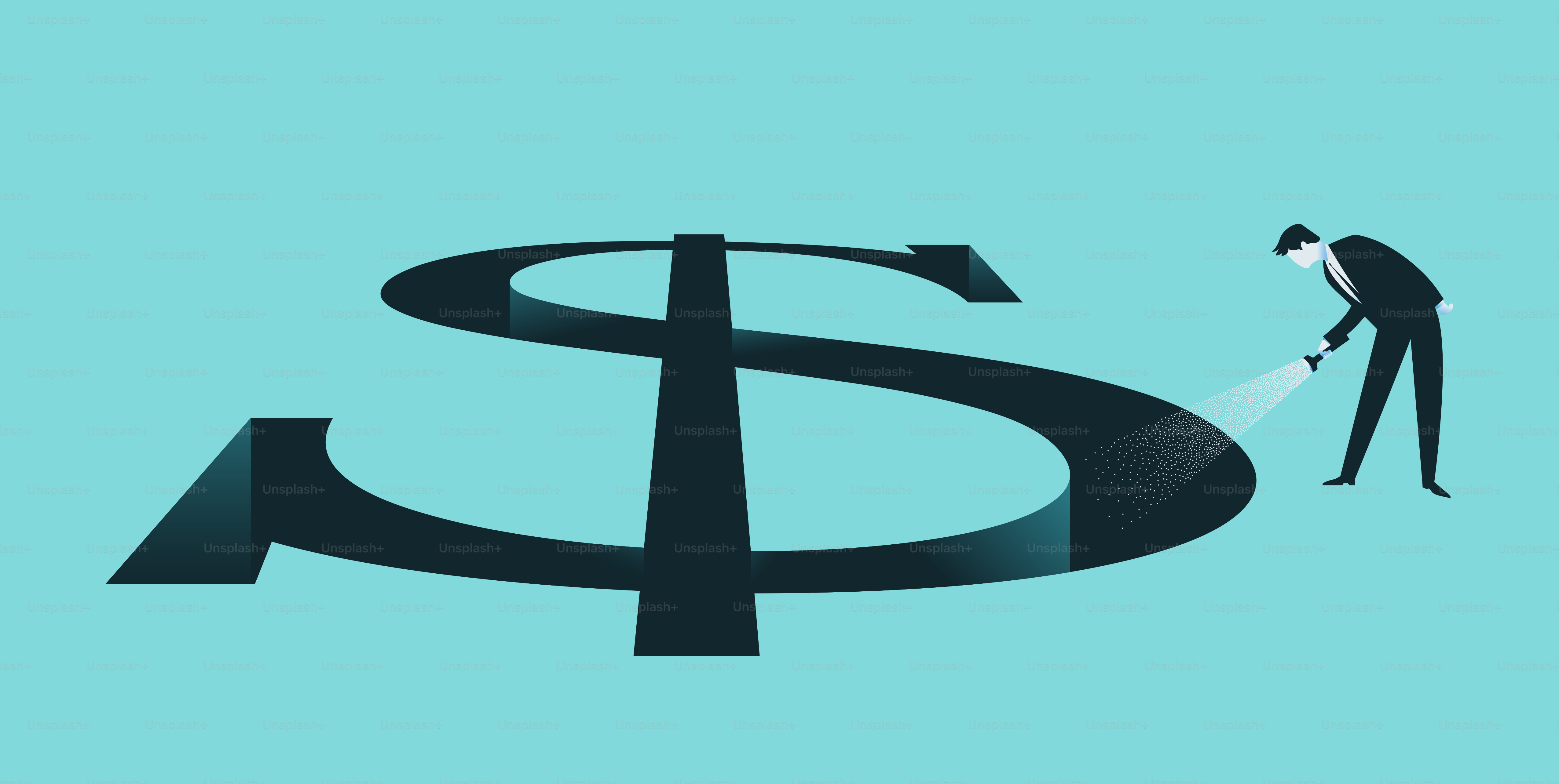 Hombre con linterna mirando hacia un agujero en forma de dólar. Colapso bancario. crisis financiera, concepto de inflación. Ilustración vectorial plana.