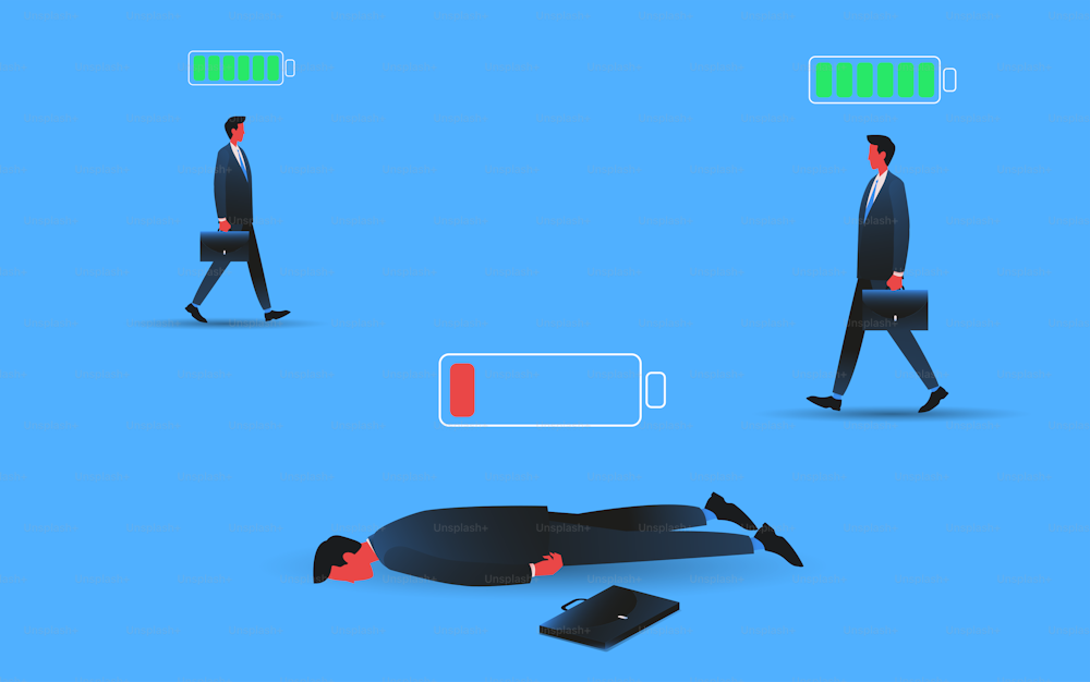 Man laying on a ground under low battery symbol.  Mental burnout, depression, worcaholic concept, Vector illustration.