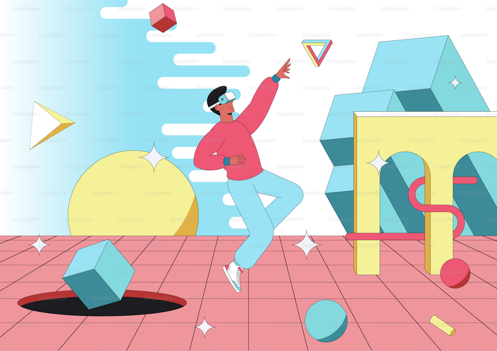 Man exploring vurtual reality. User floating among geometric objects. Modern style concept of devekjping VR tecnologies. Vector illustration.