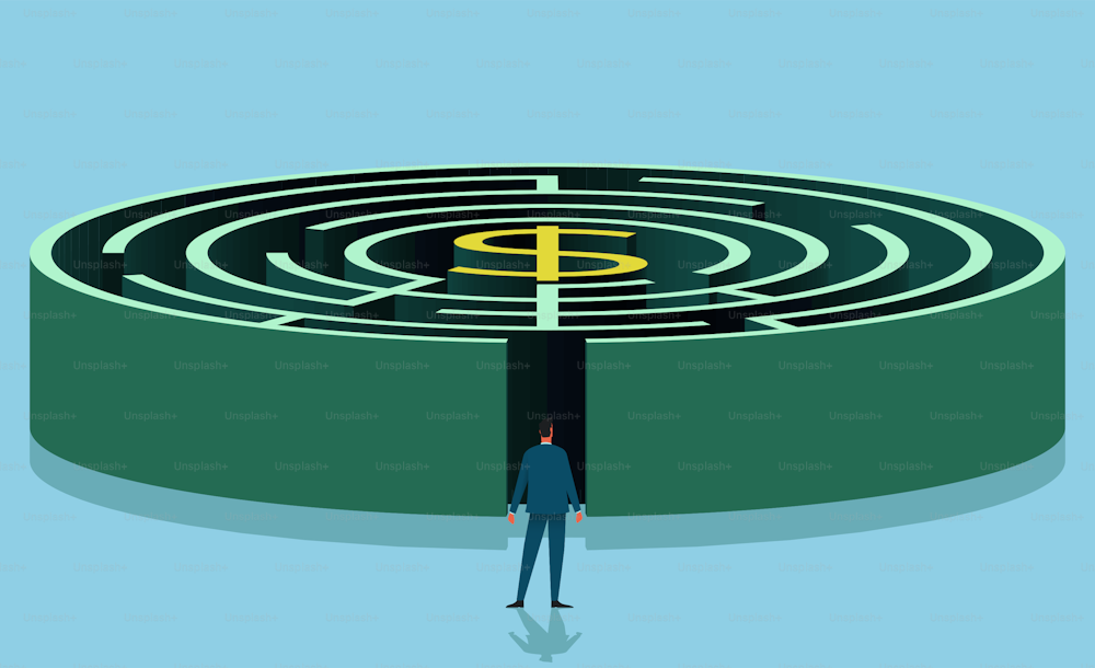 Uomo d'affari di fronte a un labirinto con il dollaro al centro. Fare soldi e concetto di brainsrtorming. illustrazione vettoriale piatta.