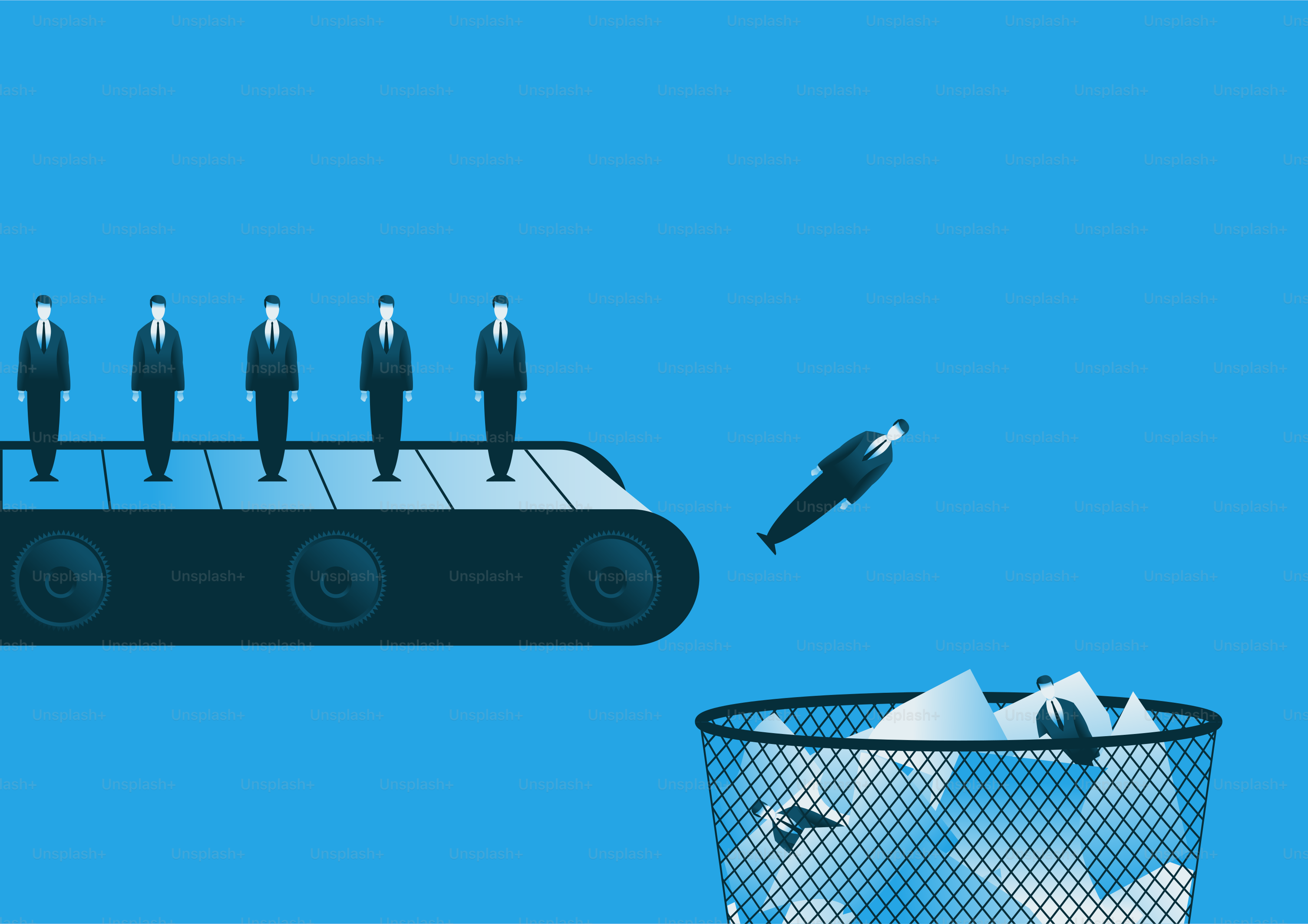 Nastro trasportatore con i dipendenti che cadono nel cestino. Manager licenziati nel cestino. Concetto di burnout e problema di worcaholic. illustrazione vettoriale.