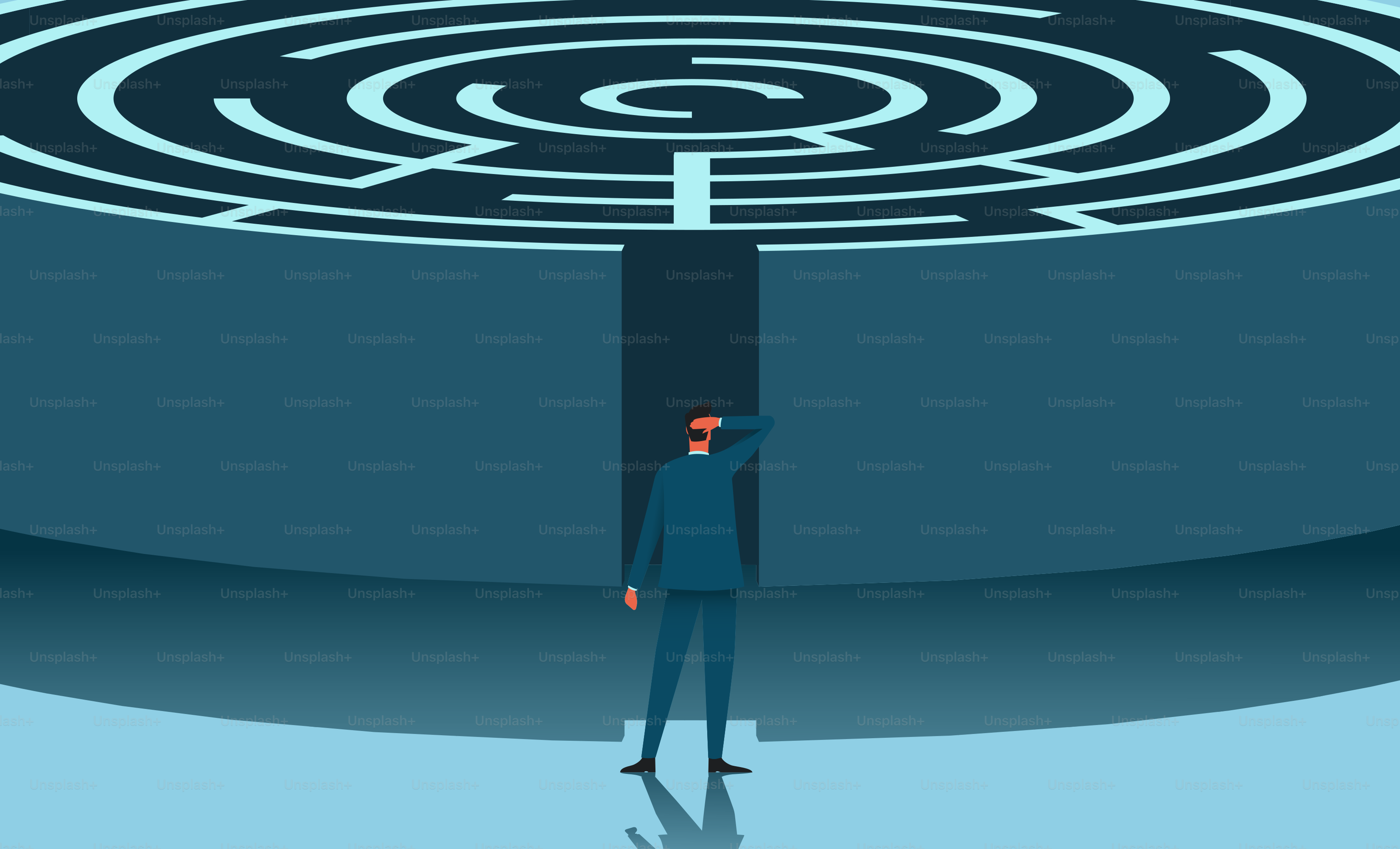 Uomo d'affari davanti all'ingresso del labirinto. Uomo che cerca soluzione. Brainstorming e concetto di crisi. Illustrazione vettoriale piatta.