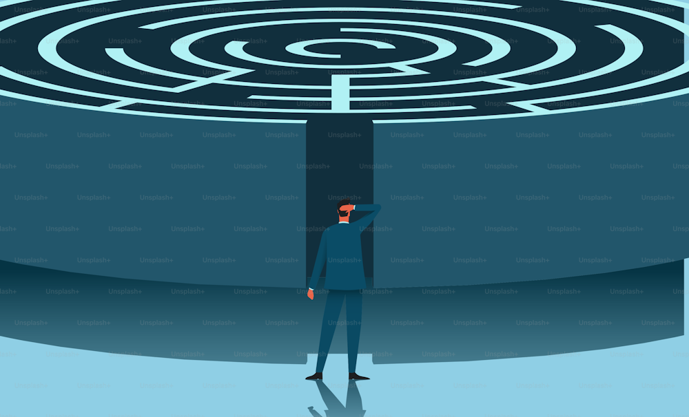Businessman in front of the entrance to labyrinth. Man searching solution. Brainstorming and crisis concept. Flat vector illustration.
