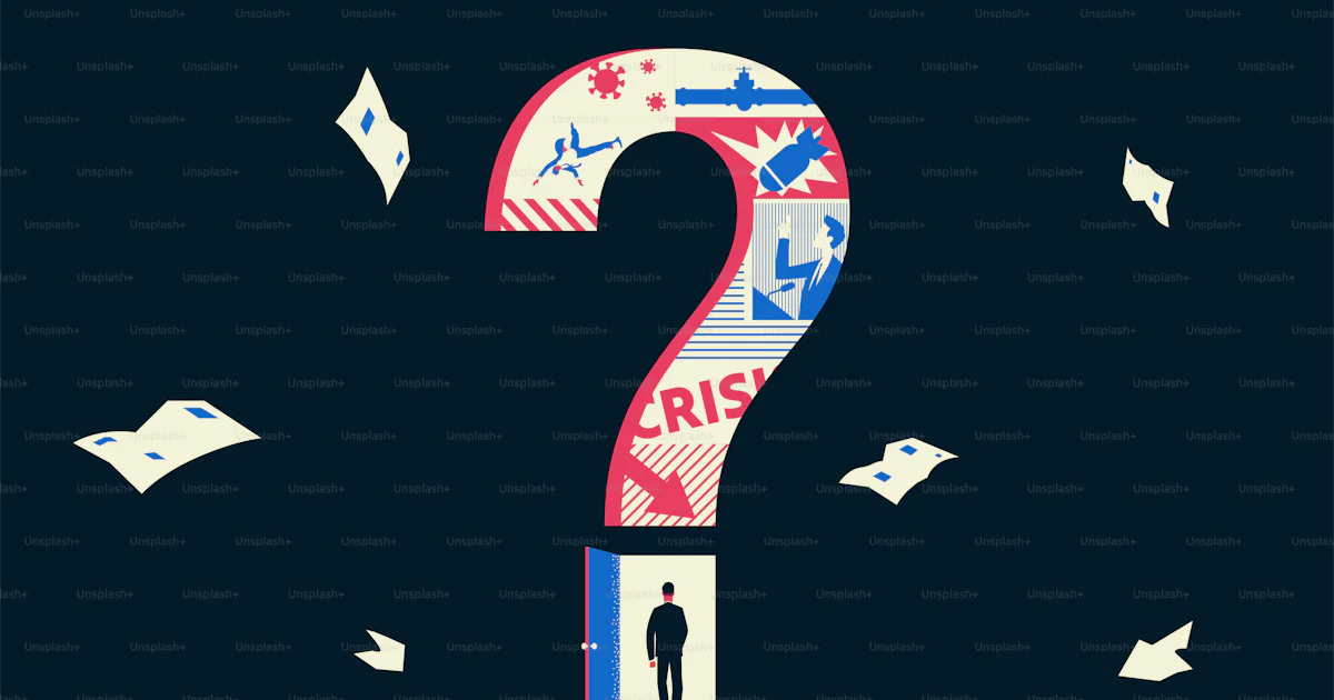 Man entering the door in a big question mark. Financial crisis, banking ...