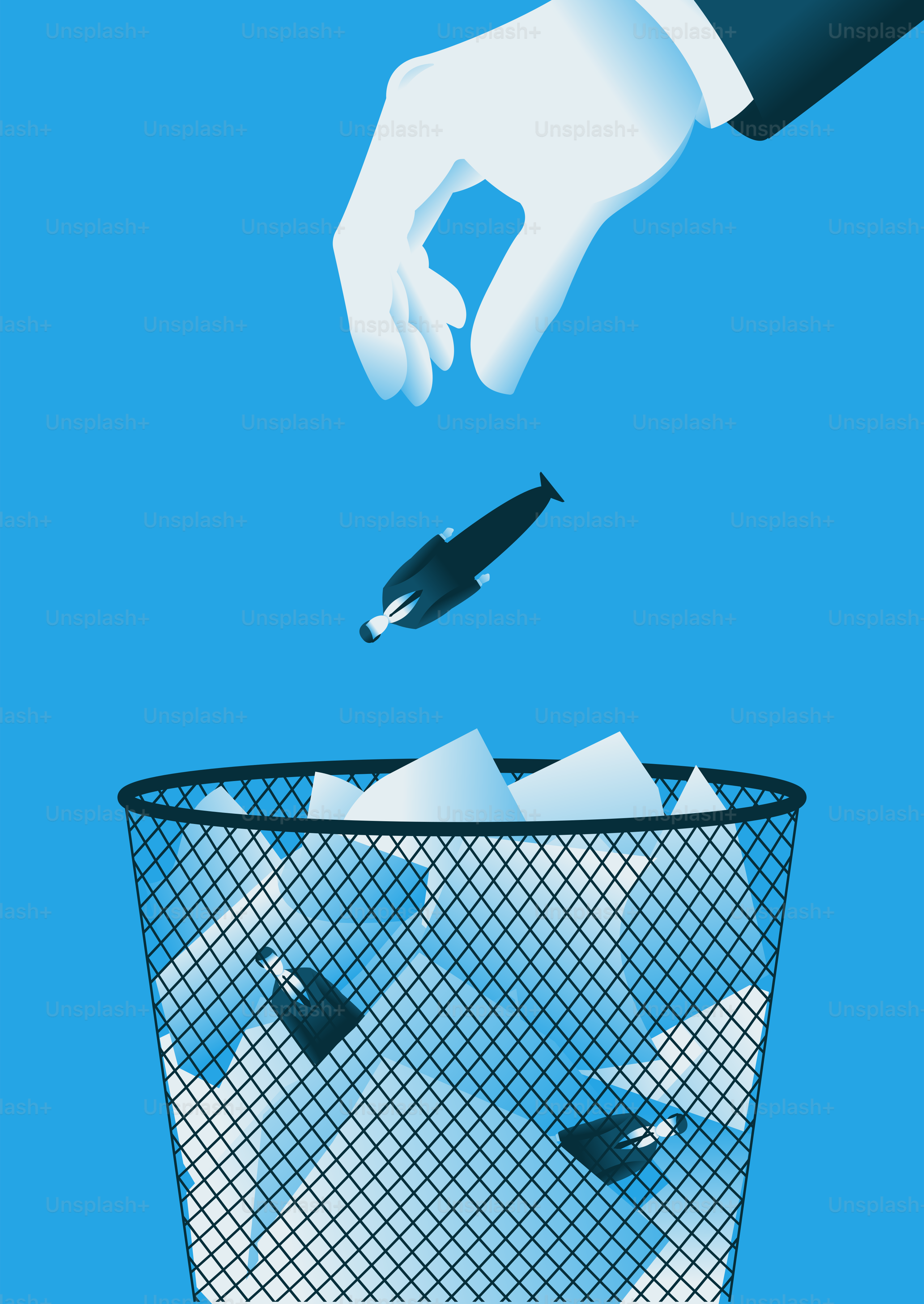 Mano gigante que arroja al empleado a la papelera. Fin de carrera. Concepto de despido. Ilustración vectorial.