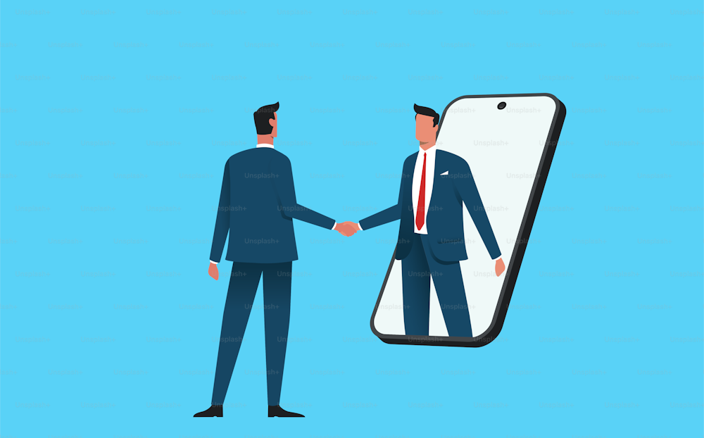 Online deal concept. Two businessmen handshaking. Flat vector illustration.