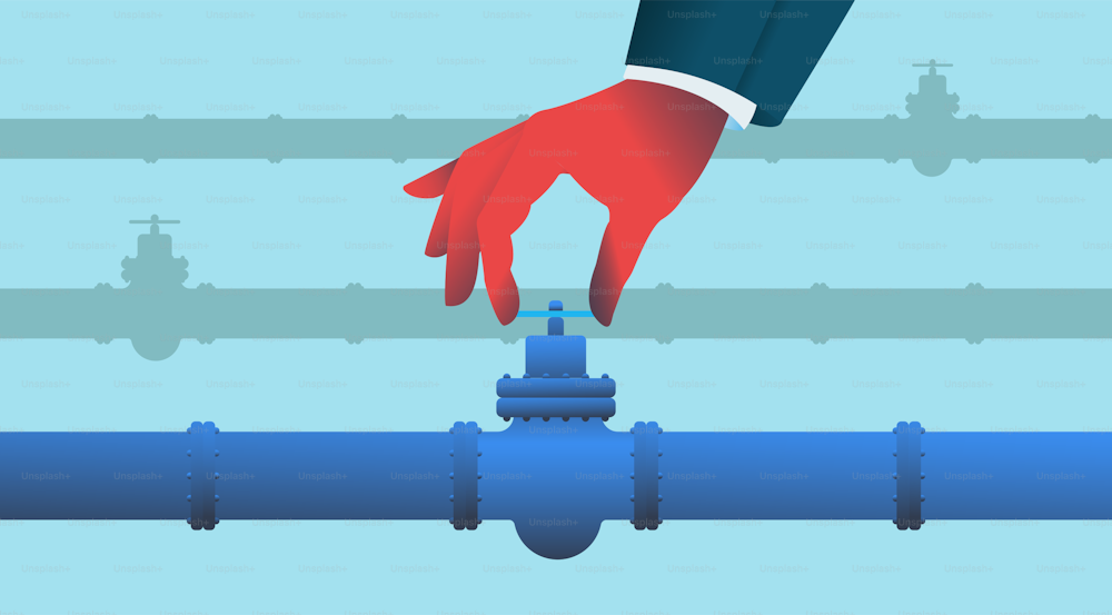 Hand closing valve on a gas pipeline. Energy crisis consept. Vector illustration.