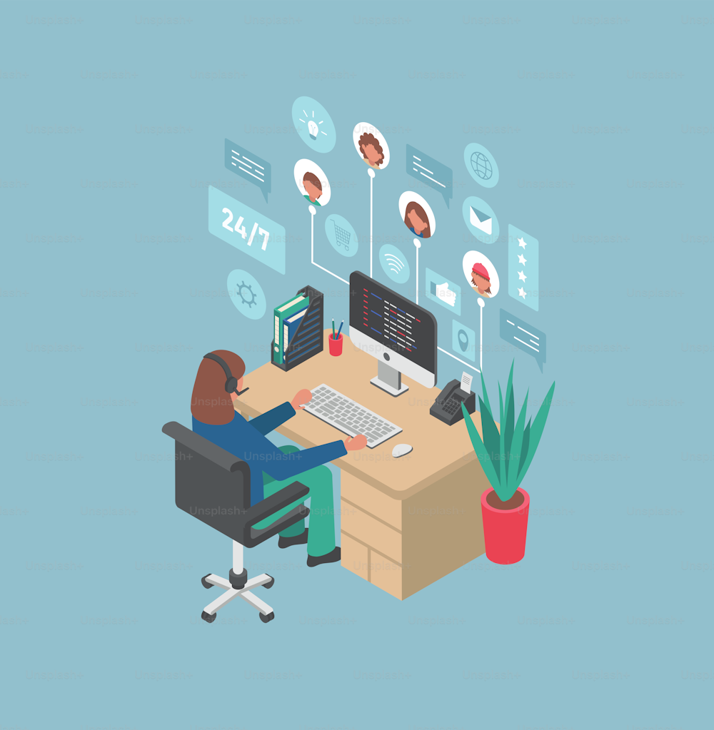 Woman in call center, support, customer support answering questions. Isometric vector illustration.