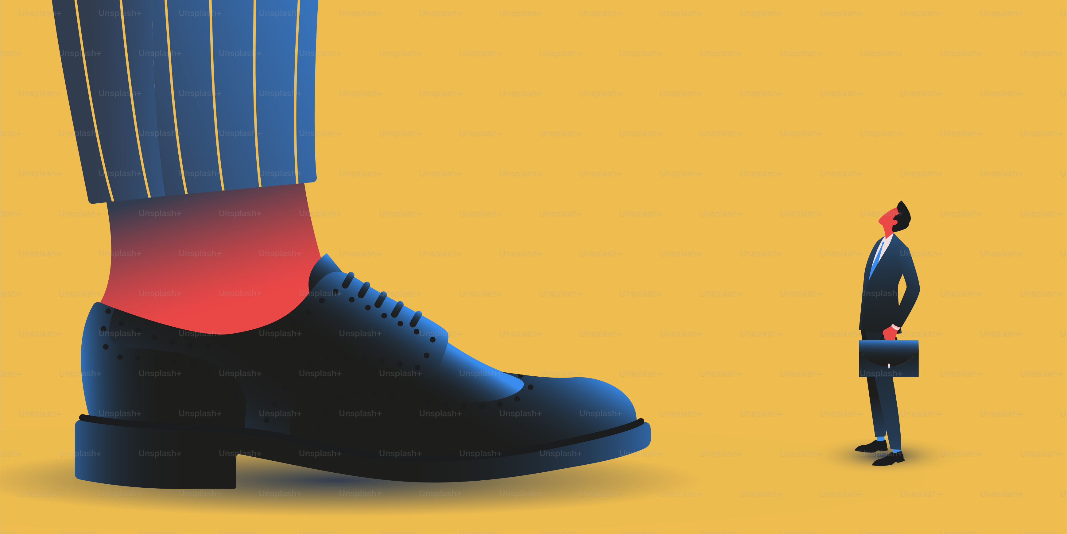 Small manager looking up at the giant boss. Competition and career concept. Vector illustration.