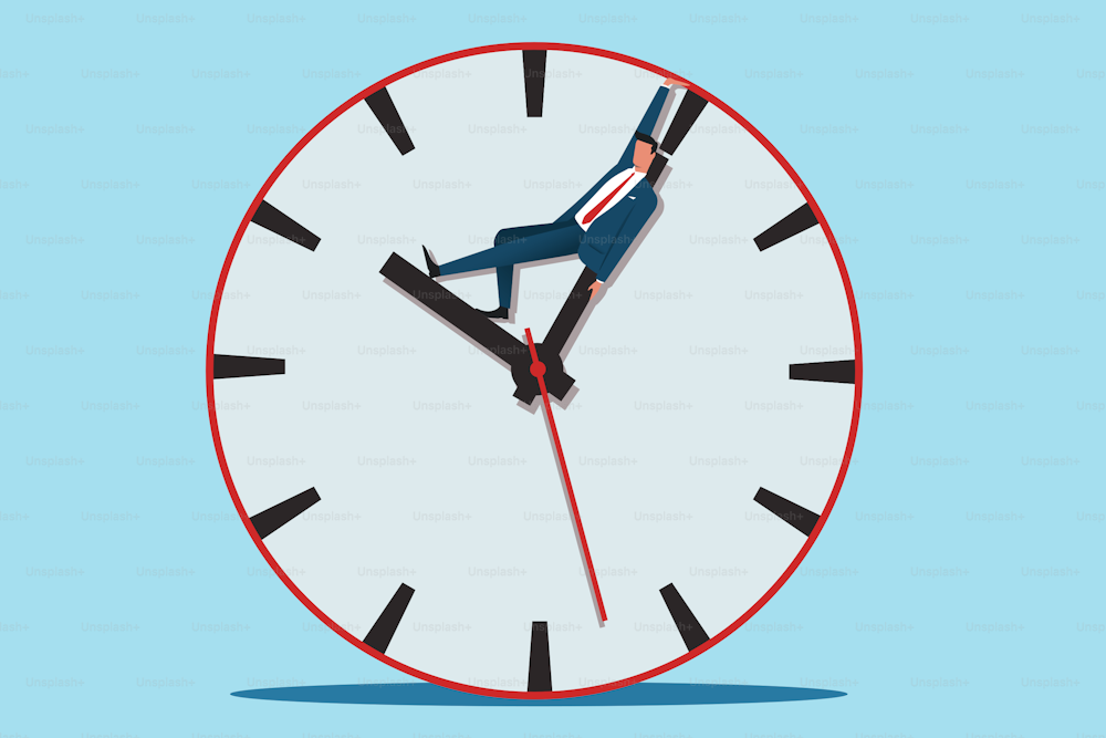 Businessman trying to stop clock hand. Time managent concept. Flat vector illustration