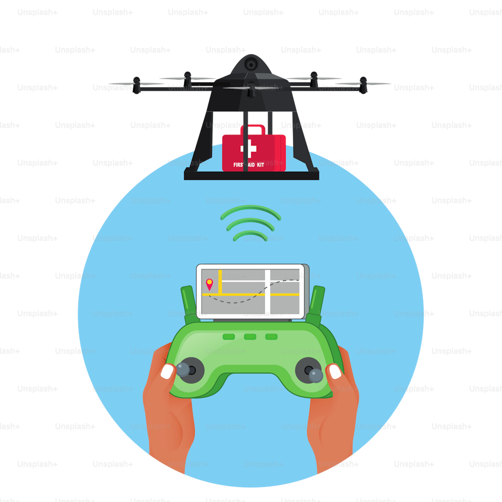 Illustrazione vettoriale del drone di consegna con kit di pronto soccorso.