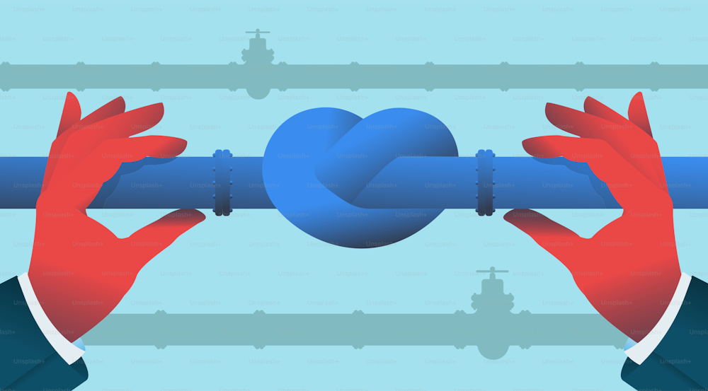 Two hands tying in a knot gas pipeline. Energy crisis concept. Vector illustration.