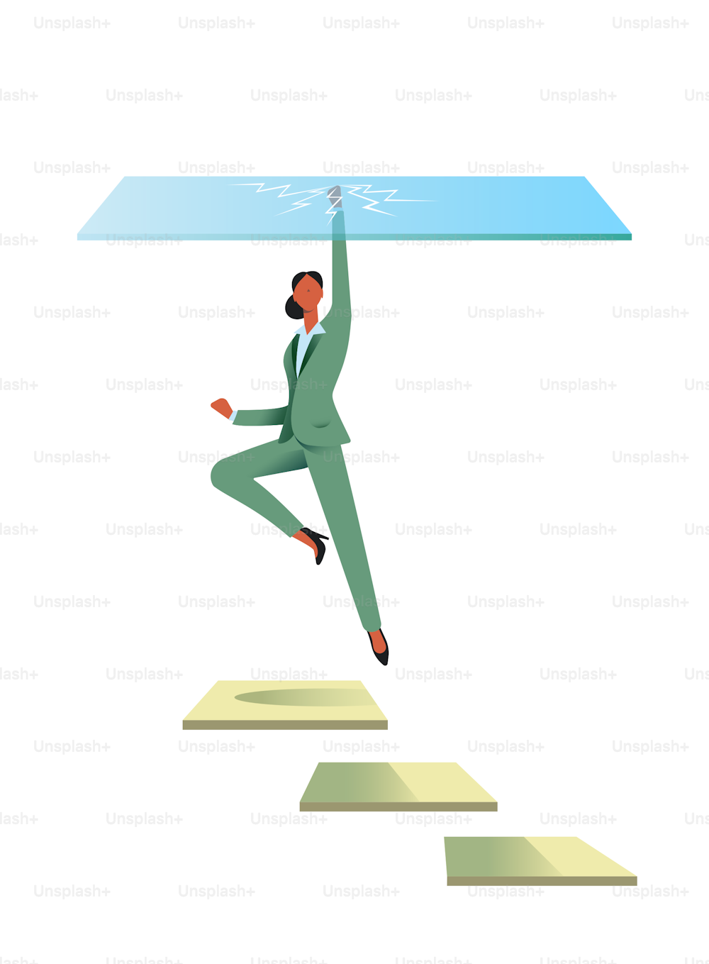 Woman breaks glass ceiling. Inequality and sexism concept. Vector illustration.