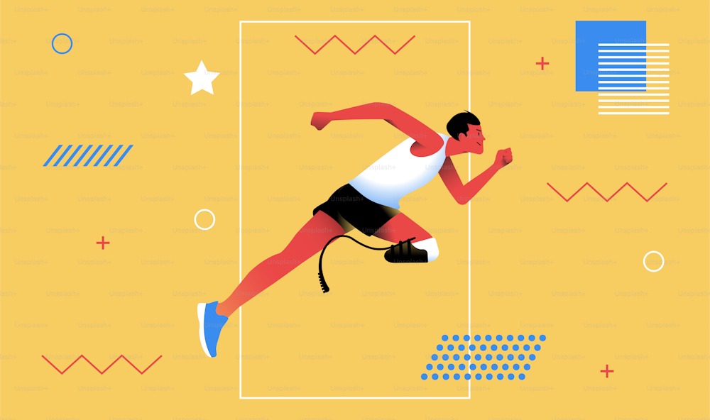Man with prosthetic leg going for sports. Motivation and wellbeing concept. Never give up. Flat vector illustration.