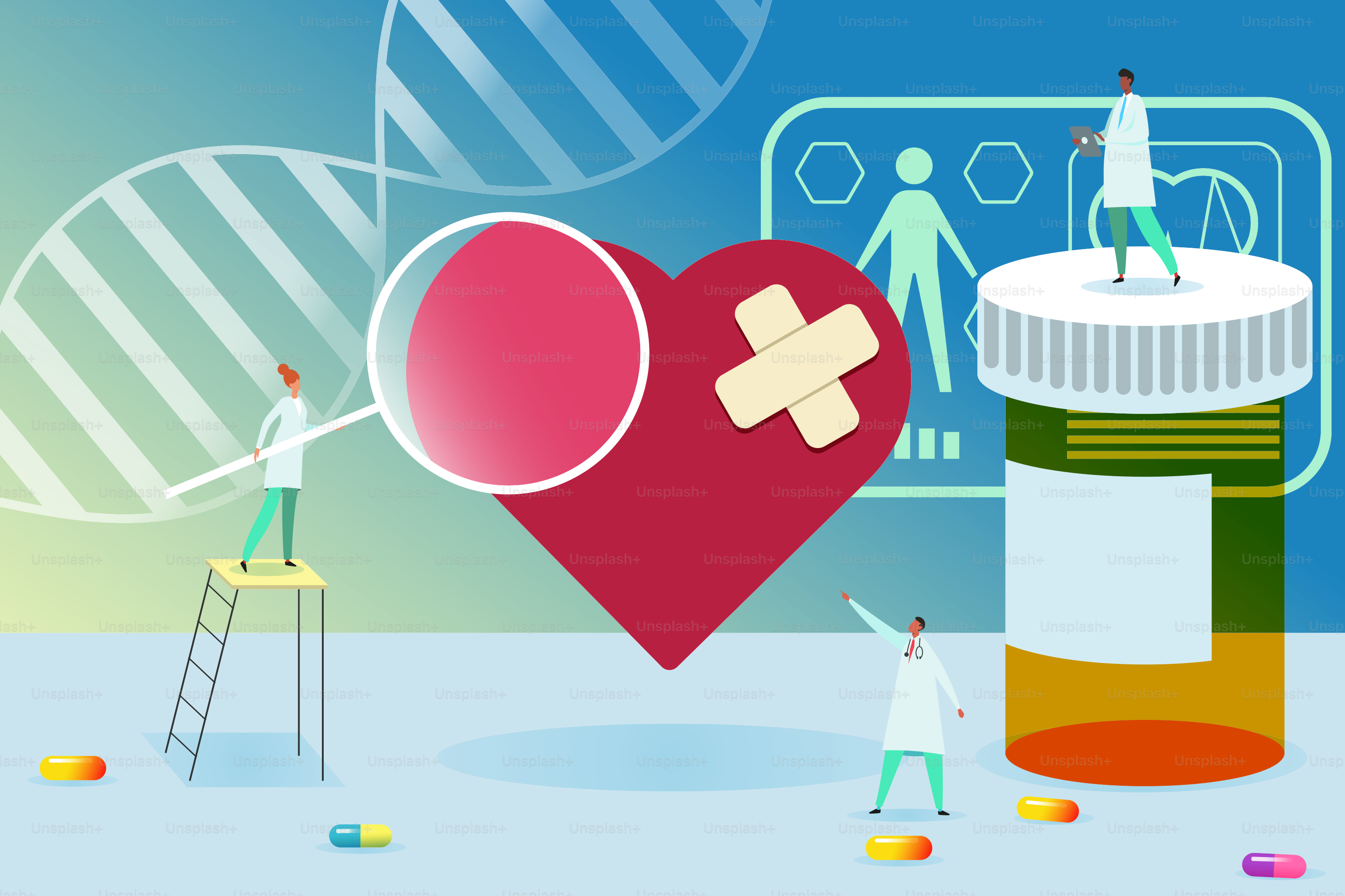 Médicos revisando un corazón enorme. Cardiología y concepto de atención sanitaria. Ilustración vectorial plana.