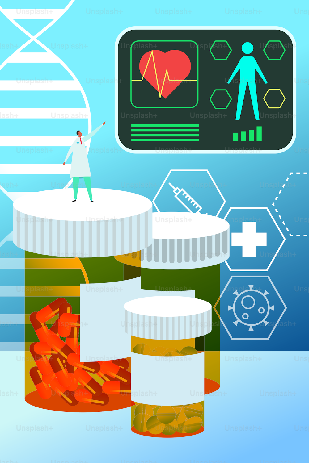 Telemedicine concept. Doctor shows health indicators on the monitor. Flat vector illustration.